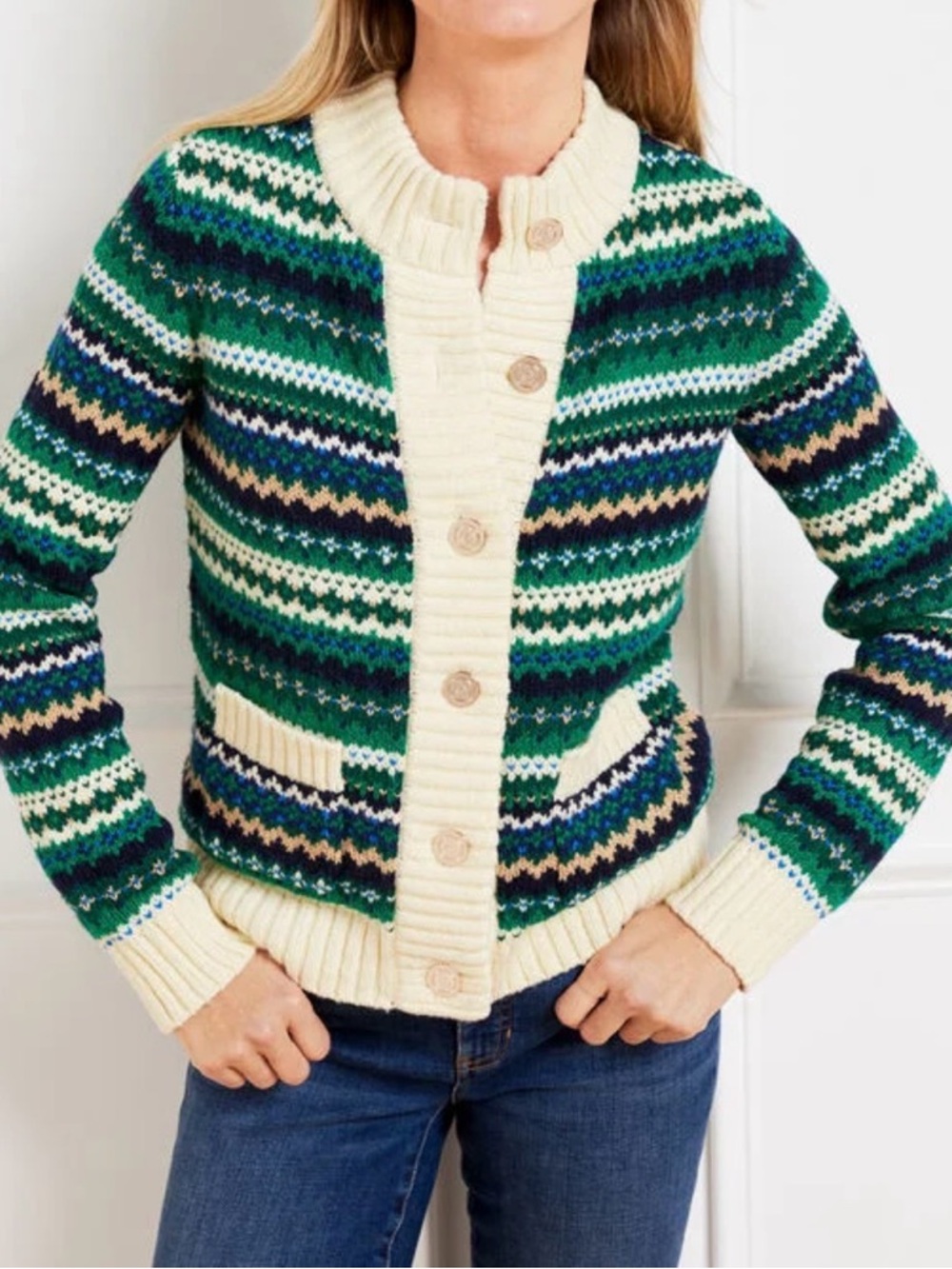 Talbots Green, Navy and Cream Fair Isle Button-Up Cardigan